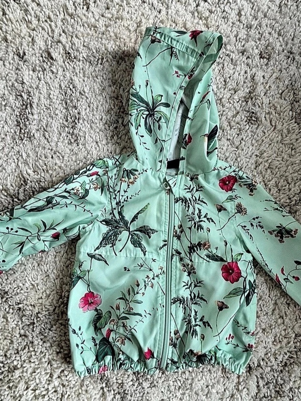 Baby Gap Girls Mint Green Floral Hooded Windbreaker – 12–18 Months